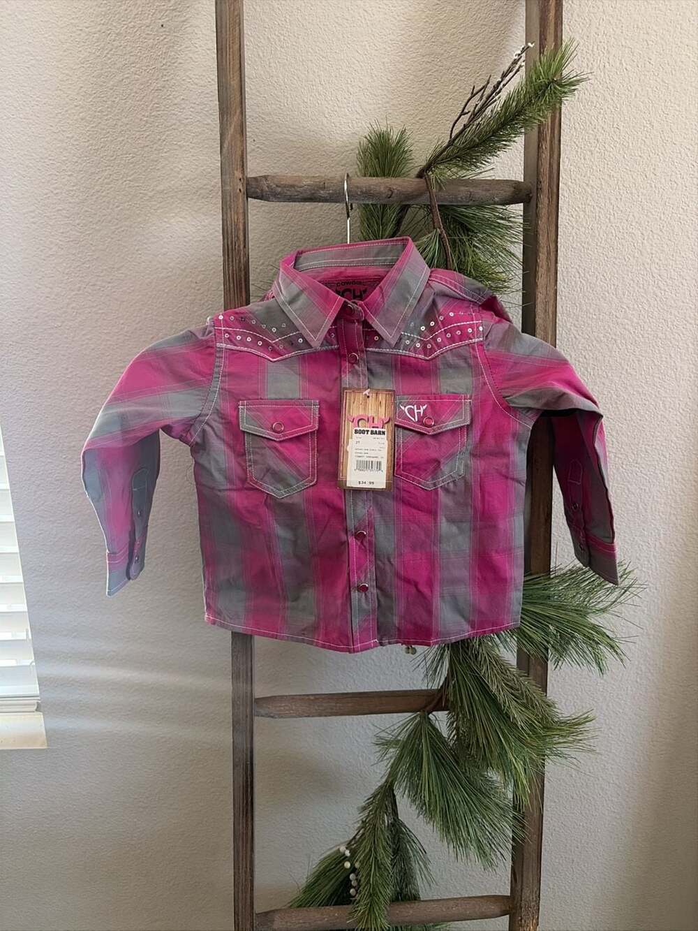 Cowgirl Hardware Girls Pink & Grey Plaid Sequin Western Snap Shirt Size 2T